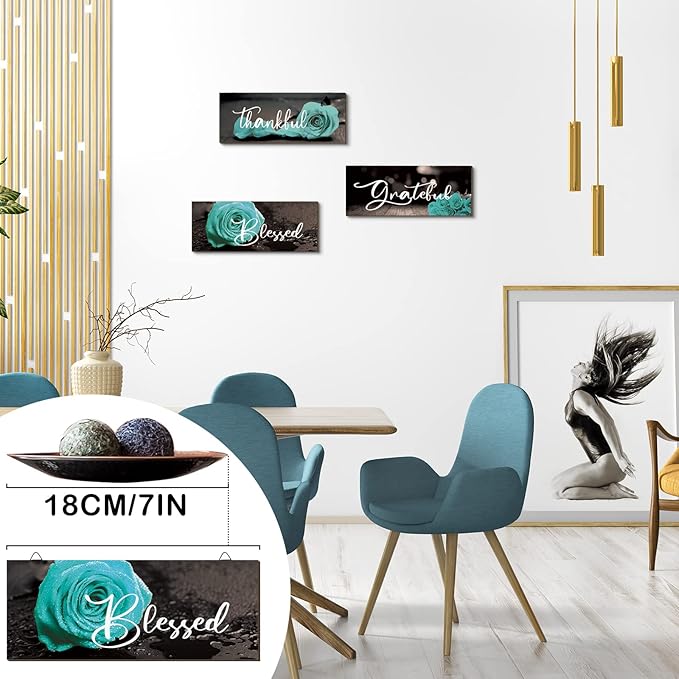 Hillban 3 Pieces Rose Wooden Wall Decor Rose Bathroom Decor Thankful Grateful Blessed Accessories Inspirational Wall Art Signs for Living Room Kitchen Wedding(10 x 4 Inch,Teal)