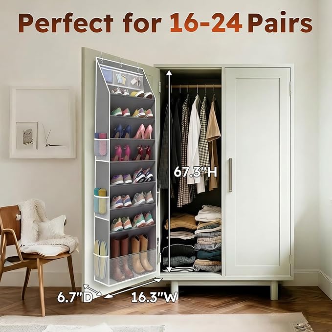 Over The Door Shoe Organizer - 8 Tier Hanging Shoe Organizer with Large Capacity Pockets, Shoe Organizer for Closet, Shoes Rack for Door, Fits 16-24 Pairs of Sneakers, Boots, Heels – Grey