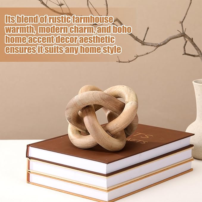 Yalikop 3 Link Wood Knot Decor Rustic Home Décor Accents Hand Carved Coffee Table Decoration, Boho Chain Link Decoration, Modern Shelf, Rustic Objects for Home Living Room Bedroom(Acacia Wood)