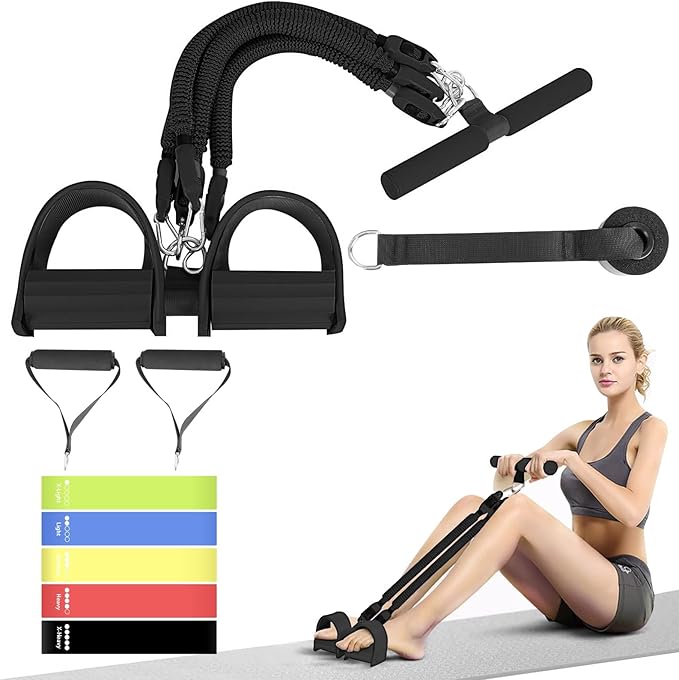 2025 Upgrade Pedal Resistance Band,4-Tube Elastic Sit Up Pull Rope for Men and Women,Pedal Puller for Strength Training,Foot Resistance Rope for Physical Therapy with 5Pcs Exercise Bands