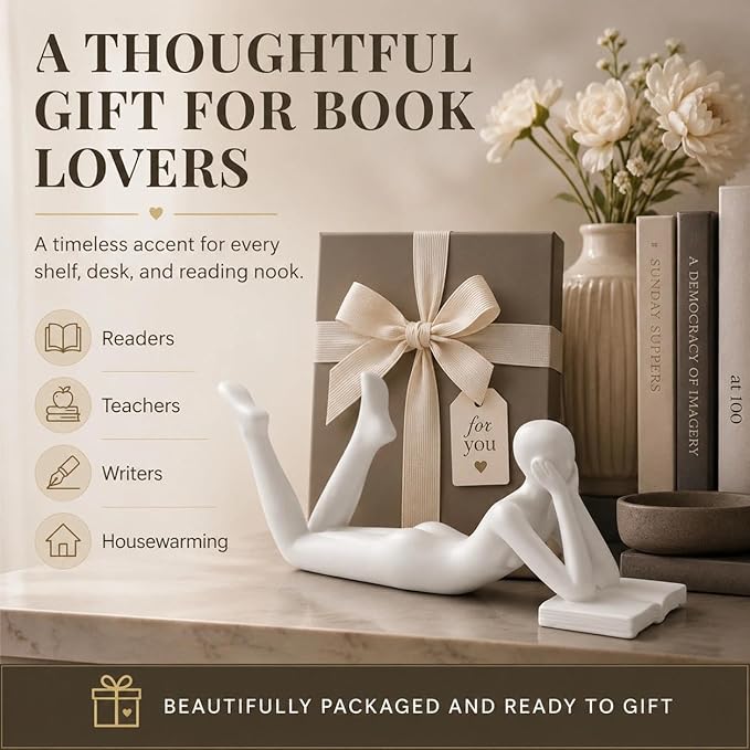 White Reading Statue Style B, Abstract Reader Figurine, Resin Book Decor for Bookshelf, Coffee Table, Desk Shelf Decor, Gift for Book Lovers