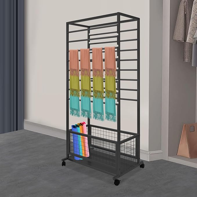 16-Layer Scarf Display Stand, Rolling Scarf Organizer Holder Hanging Rack with Wheels & Storage Basket for Retail Store Boutique Display Bedroom, W26.5*D16.9*H59in (Black)