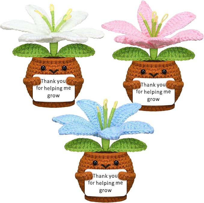 Wavwavw 3 Pack Teacher Appreciation Gift Positive Flower Handmade Crochet Doll Thank You for Helping Me Grow Gifts Back to School Gifts for Women Teacher(Lily Flower)