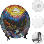 Stained Glass Theme Decorative Ceramic Plate Round Porcelain Plate,10 inch,Sunset Forest Stream Pattern,for Decorative Ornaments Giving Plates, 1 Plate with 1 Display Stand,Multicolor
