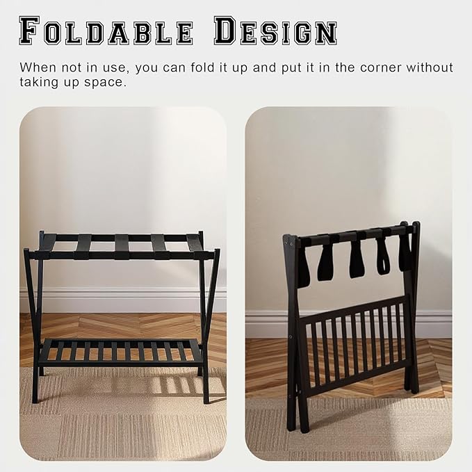 Bamboo Luggage Rack with Shoe Shelf Folding Suitcase Stand with 5 Heavy-Duty Straps for Guest Room Living Room Hotel Ideal Luggage Holder for Suitcases Bags Shoes,Black
