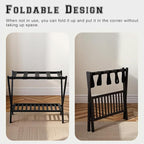 Bamboo Luggage Rack with Shoe Shelf Folding Suitcase Stand with 5 Heavy-Duty Straps for Guest Room Living Room Hotel Ideal Luggage Holder for Suitcases Bags Shoes,Black