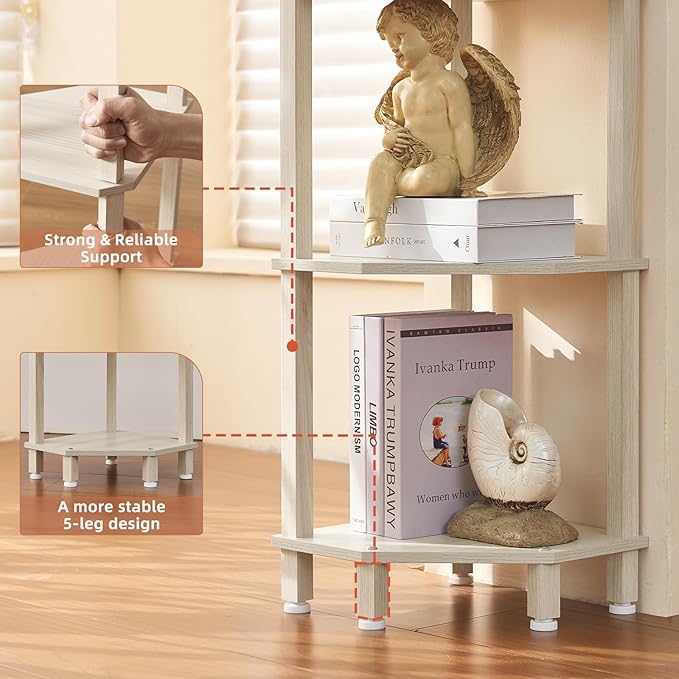YUFAM 4-Tier Corner Shelf with Sturdy 5-Leg Base, Wooden Corner Bookshelf for Small Spaces, Corner Standing Shelf for Living Room, Bedroom, Office, Grey White