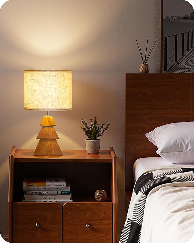 Wood Table Lamp, Wood Bedside Lamp with Tree-Shaped Base & Linen Lampshade, Modern Cute Desk Lamp for Living Room, Bedroom, E26 Base, Bulb Not Included, Beige and Dark Natural LE08TL05