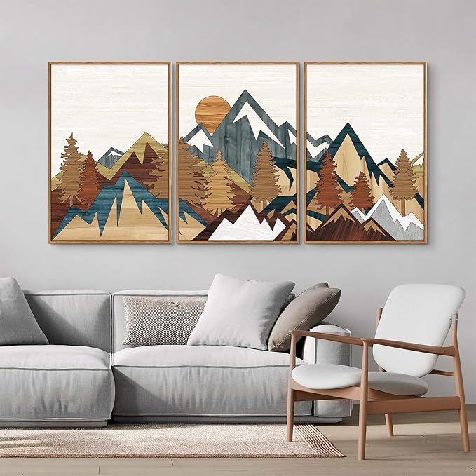 SIGNINART Vintage Mountain Framed Canvas Wall Art, Boho Sunrise Art Prints, Forest Nature Wilderness Art Paintings, Modern Farmhouse Woodcut Style Wall Decor for Living Room Bedroom, Office 16"x24"x3