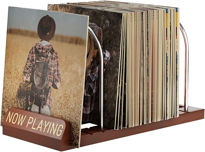 BS-VOG Now Playing Vinyl Record Stand, 50 LP Vinyl Record Storage with Non-slip Grooves, Wood Now Spinning Vinyl Record Holder for Albums Magazine Rack Magazine Organizer Record Display, Gift Package