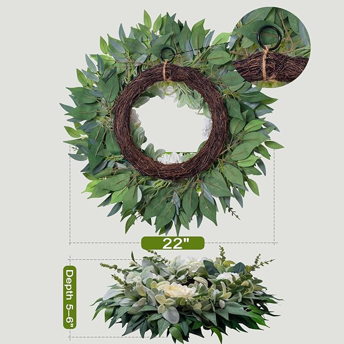 Spring Summer Wreath for Front Door Year-Round, 20" Artificial Greenery Wreath for Porch Wall Window, Farmhouse Holiday Decor with Lamb’s Ear Hydrangea Peony