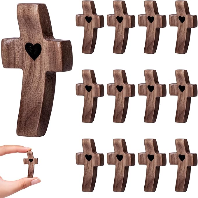12-Pack Wooden Cross Fidget, Handmade Pocket Wood Crosses, Cross My Heart | Encouragement Gift, Relieve Anxiety for Yourself, Inspirational Easter Gift for Christian Faith, Prayer, Father Day Gifts