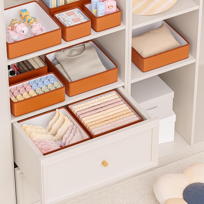 Vegan Leather Drawer Organizers,16 Pack Makeup Storage boxes,Vanity Drawer Luxury upgrade,Bedroom fabric Drawers replacement,bathroom organization and storage Optimal solution