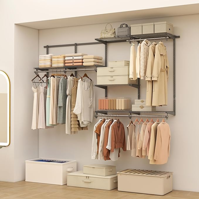 Giantex Closet Organizer System, 4-8 FT Wall-Mounted Closet Shelves and Rod, Adjustable Closet Organization w/ Hanging Rod, DIY Expandable Modular Metal Wire Shelving for Laundry Bedroom (Grey)