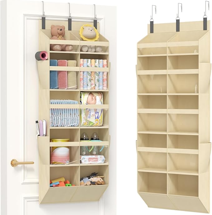 Lifewit 1 Pack Over the Door Organizer, Clear Window Hanging Storage with 4 Side Pockets, Anti Tilt 40 lbs Load Behind Door for Pantry, Nursery, Bathroom, Bedroom, Dorm, 10 Section, Beige
