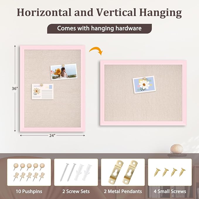 DOLLAR BOSS Bulletin Board with Linen 36'' x 24'' Pink Framed Cork Boards for Walls, Photo Display Pin Board, Decorative Corkboard for Office Home School Girls Dorm Decor with 10 Pushpins, White