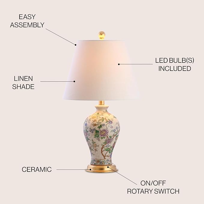 JONATHAN Y 24" Multi-Colored/Gold French Country Ceramic Floral Urn Table Lamp, White Linen Shade, Chinoiserie Ginger Jar Bedside Lamp for Living Room Bedroom, LED Bulb JYL3009A