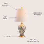JONATHAN Y 24" Multi-Colored/Gold French Country Ceramic Floral Urn Table Lamp, White Linen Shade, Chinoiserie Ginger Jar Bedside Lamp for Living Room Bedroom, LED Bulb JYL3009A