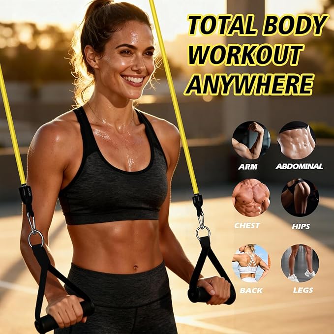 WHATAFIT Resistance Bands Set with Handles - Exercise Bands Home Gym Strength Training Equipment, Includes Door Anchor & Ankle Straps for Full Body Workout Bands, Physical Therapy - for Men and Women