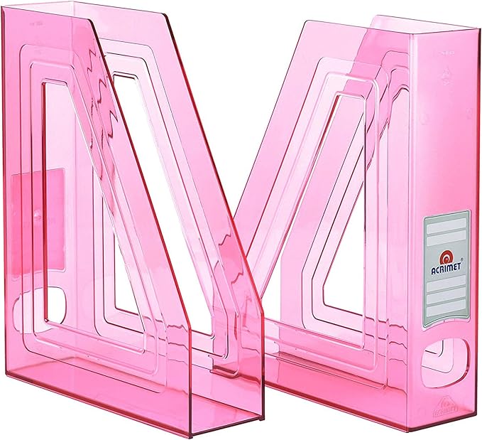 Acrimet Magazine File Holder Bin Storage, Vertical Rack for Documents, Folders and Mail, Durable Plastic Desk Organizer for Office & Home (Clear Pink Color) (2 Pack)