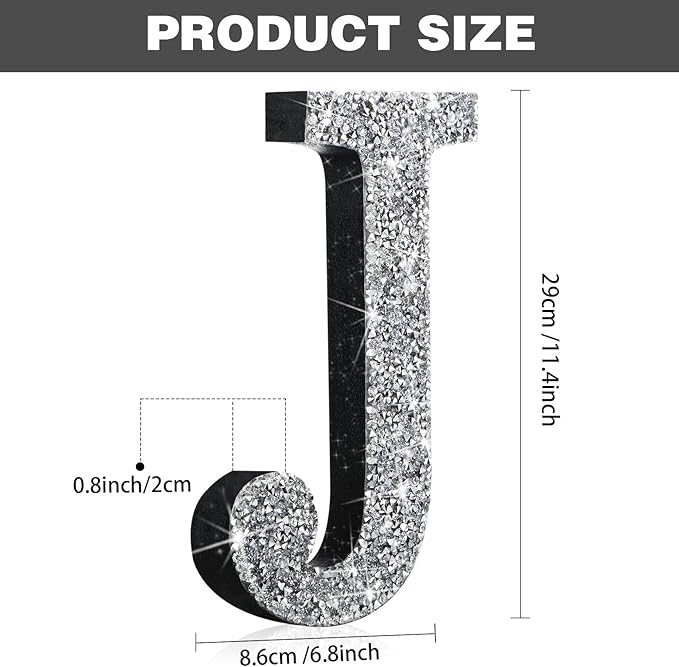 Qunclay 12'' Silver Crystal Diamond Bling Letters Crushed Diamond Decoration Wooden Glitter Letter with Screw and Hooks Rhinestone Gift for Wedding Y2k Mcbling Bedroom Wall Decor (Letter J)