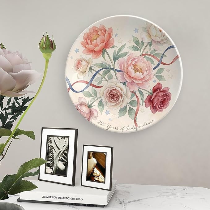 250th Anniversary Decorative Plates 8 Inch Watercolor Floral Patriotic Decorations Commemorative Plates with Stand Memorial Day 4th of July Veterans Day Home & Office