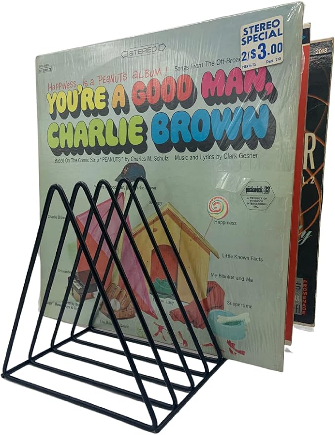 Vinyl Record Storage Holder Stand - Premium Triangle Metal Wire Magazine Rack and Book Holder holds up to 33 Lp Album Records, Functional and Contemporary Vinyl Record Rack Organizer (Black)