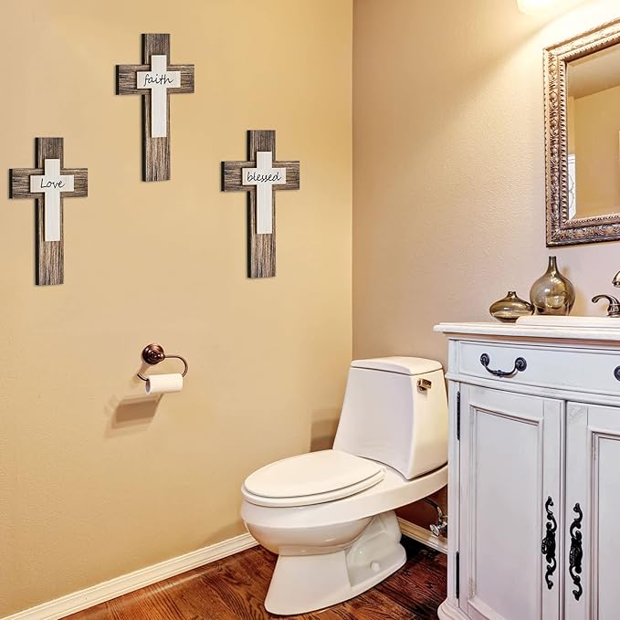 Yalikop 3 Pieces Wooden Cross Wall Decor Christians Cross Sign Faith Love Blessed Wooden Decoration Rustic Vintage Wall Art Religious Hanging Sign Inspirational Farmhouse Home Hanging Decor