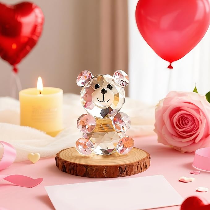 H&D Pink 3D Little Bear Crystal Figurine Paperweights Glass Xmas Decor