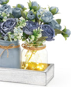 Mkono Mason Jar Lights Centerpiece Table Decor for Dining Room Farmhouse Wood Tray with 3 Jars Flowers Center Pieces Spring Decor for Coffee Table Kitchen Living Room, Grey Blue