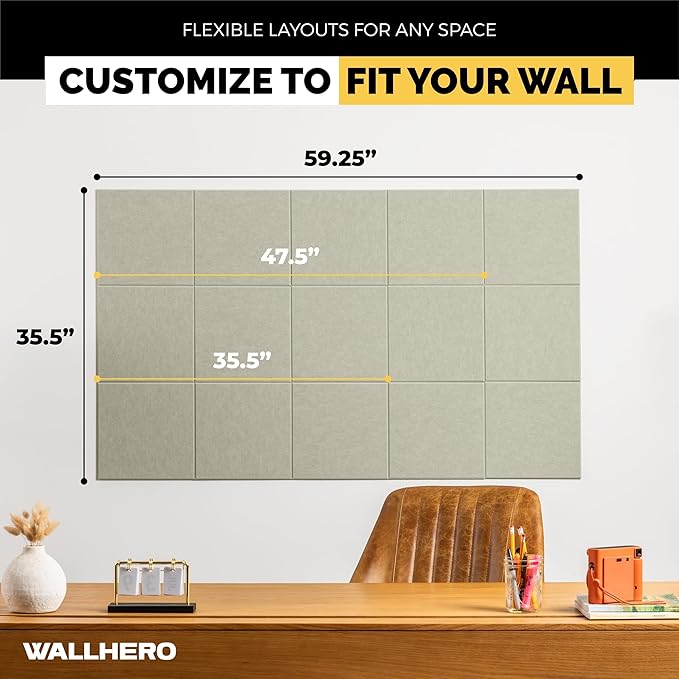 WALLHERO Corkboards for Wall, 59"x36" | 15 Pack | Cork Board Squares, Pin Up Board, Office Board for Wall, Big Bulletin Board, Cork Roll with Adhesive Backing (Sage Green)