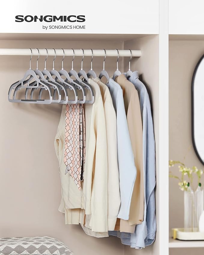 SONGMICS Pack of 100 Coat Hangers, Space-Saving Plastic Clothes Hangers, Non-Slip, 0.2 Inches Slim, 16.5 Inches Wide, 360° Swivel Silver Hook, Light and Dark Gray UCRP020G010