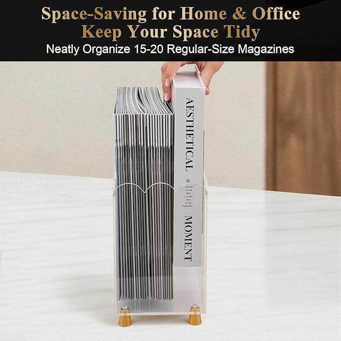 Acrylic Magazine Holder,Magazine Rack Floor,Crystal Clear Stylish Organizer with Luxe Gold Metal Feet and Wave Edge Design Space Saving Storage for Books Newspapers Office Supplies,Home Office