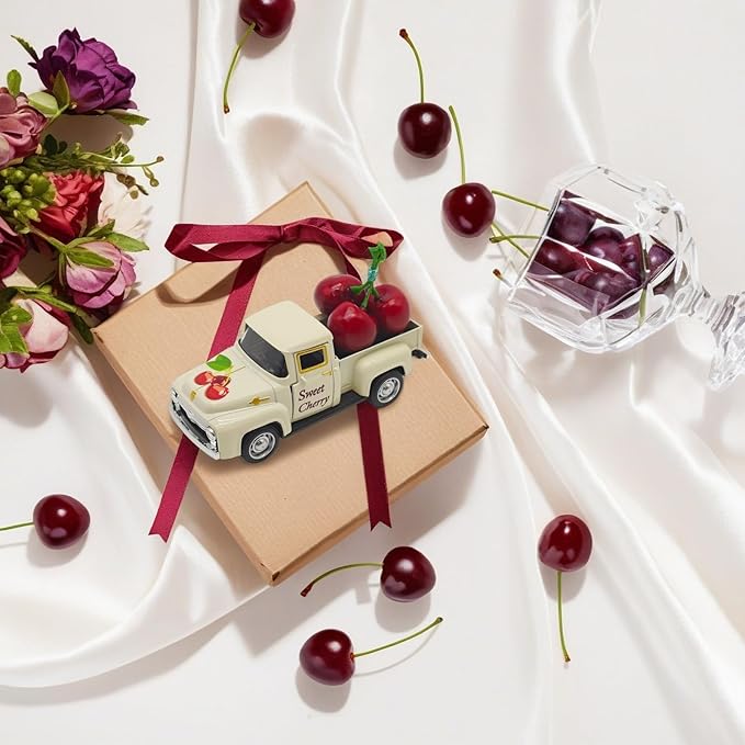 Cherry Decor – 4.9″Sweet Cherry Vintage Metal Truck with 3 Fake Cherries for Themed Party Decorations, Home Kitchen Centerpieces for Tables, Farmhouse Pickup Truck Tiered Tray Decor Gifts(White)