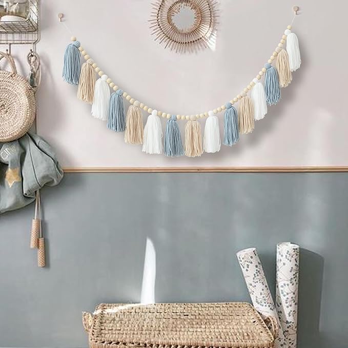 DCJHFJ Boho Blue Tassel Garland Wall Hanging with Wood Beads for Baby Shower Kids Room Bedroom Nursey Back to School Decorations