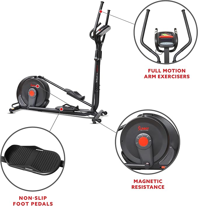Sunny Health & Fitness Power Stride Smart Elliptical with 17.7" Stride & Pulse Sensor, 16 Level Magnetic Resistance Cross Trainer for Home Full Body Workout with SunnyFit App, Optional Electromagnetic