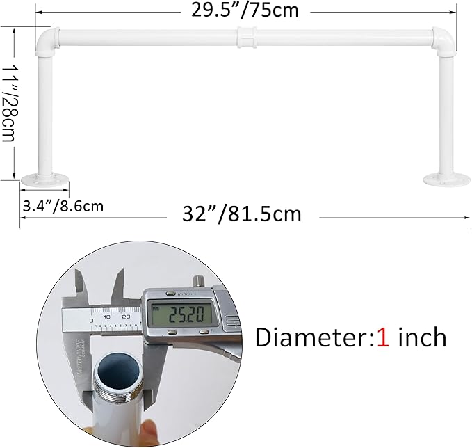 WEBI Clothing Rack Wall Mount,32" Industrial Pipe Clothes Rack for Hanging Clothes,Heavy Duty Iron Garment Rack Bar,Retail Display Clothes Rod for Closet,Laundry Room,White,2 Packs
