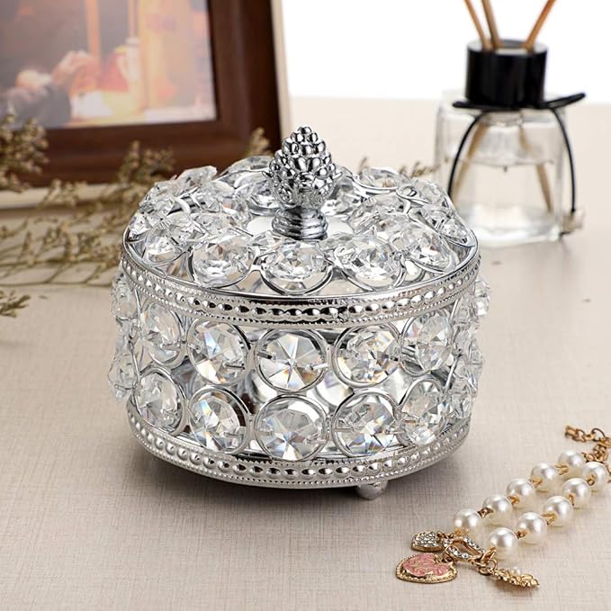 Hipiwe Crystal Mirrored Jewelry Box Jewelry Trinket Organizer Box Home Decor Ring Earrings Necklace Storage Holder Keepsake Box