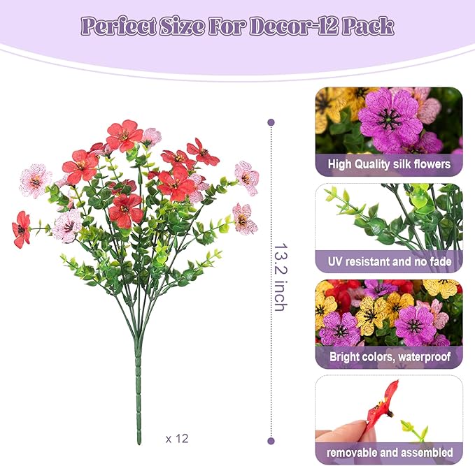 Artificial Fake Flowers Plants for Outdoor Spring Summer Decor, 12 Bundles Faux Silk Flowers for Outdoor Outside Planter Colorful Daisy UV Resistant Look Real for Front Door Porch Patio Yard