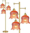 QIYIZM Pink Floor Lamp for Living Room,Bedroom,Gold Mid Century Modern Standing Lamp Brass Tree 3 Light Tall Floor Lamps Floor Lights Glass Flower Lamp Shade Girls Kids Boho Bohemian