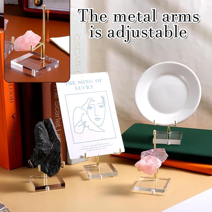 12 Pcs Crystal Display Stand, 2 x 2 x 3.5 Inch Gold Rock Crystal Stand with Acrylic Base Adjustable Metal Arm Display Stands for Mineral, Agate, Geode, Picture