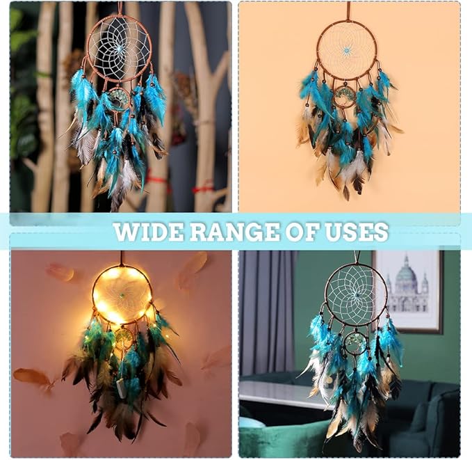 Feather Dream Catcher, Blue Tree of Life with Feathers Dreamcatcher Bead Wall Hanging Decor Indians Traditional Circular Net Hanging Art Ornament for Home Bedroom Decor(Blue)