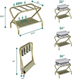 Smuxee Gold Luggage Rack Pack of 2, Foldable Suitcase Stand with Fabric Storage Shelf, Luggage Holder with 4 Nylon Straps for Hotel Guest Room Bedroom