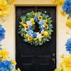 24in Spring Summer Wreaths for Front Door, Artificial Sunflower Lemon Wreath with Blue Hydrangeas, Luxury Colorful Floral Wreath for Indoor Outdoor Farmhouse Home Wall Porch Window Summer Wreath