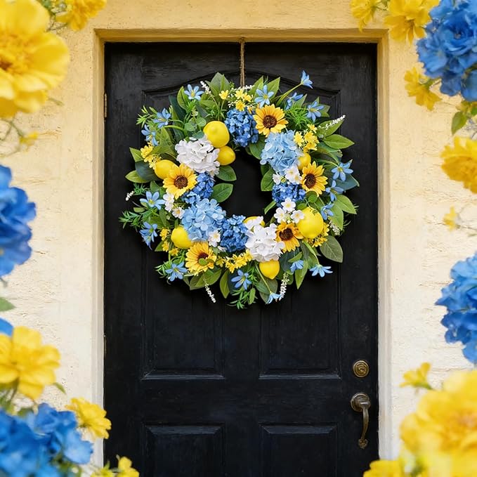 24in Spring Summer Wreaths for Front Door, Artificial Sunflower Lemon Wreath with Blue Hydrangeas, Luxury Colorful Floral Wreath for Indoor Outdoor Farmhouse Home Wall Porch Window Summer Wreath
