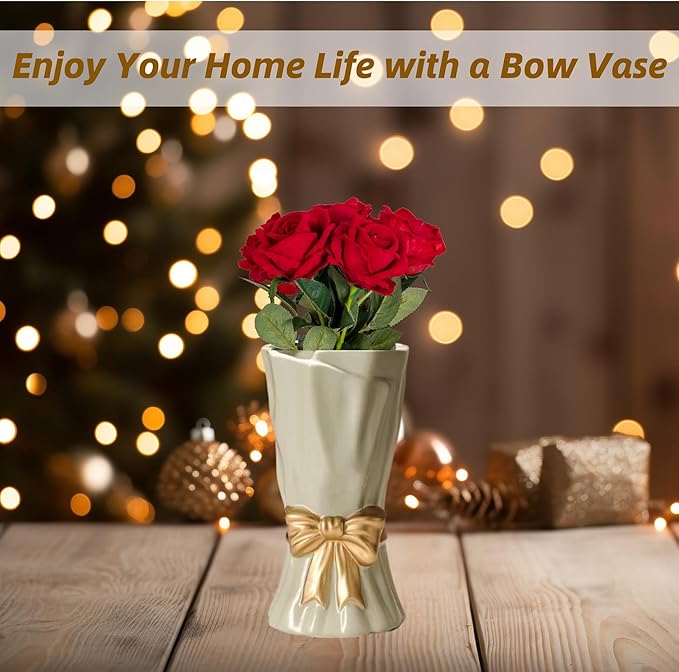 Green Bow Vase for Home Decor, 9.3 Inch Avocado Color for Boho Style, Sage Large Green Flower Vase for Ideal Shelf Decor/Table/Living Room. ﻿