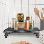 MAONAME Wood Display Risers Decorative Tray, Farmhouse Pedestal Stand for Display Home Decor, Vintage Black Beaded Wooden Tray for Kitchen Counter, Short and Tall Footed