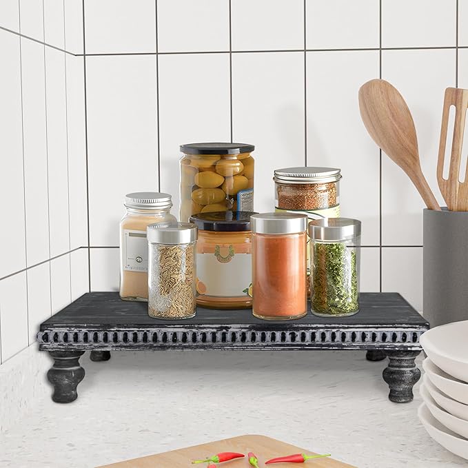 MAONAME Wood Display Risers Decorative Tray, Farmhouse Pedestal Stand for Display Home Decor, Vintage Black Beaded Wooden Tray for Kitchen Counter, Short and Tall Footed