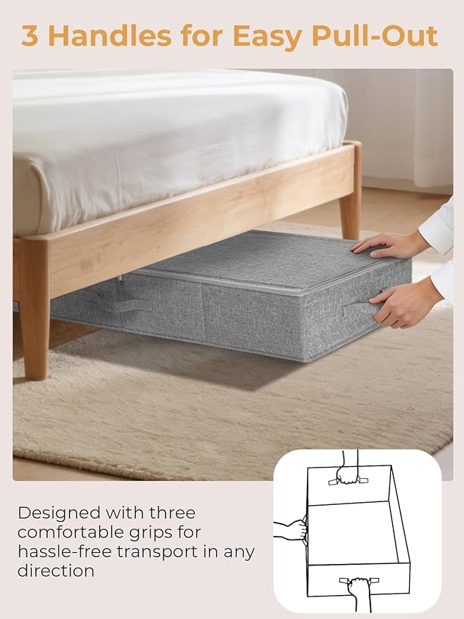 Under Bed Storage, 2 Pack Underbed Storage Container Bags With Lid, Foldable Sturdy Clothes Storage Drawer Organizer W/ 3 Handles, Ultra Thick Fabric Blanket Shoe Storage Box, 30x15x6.7inch, Grey