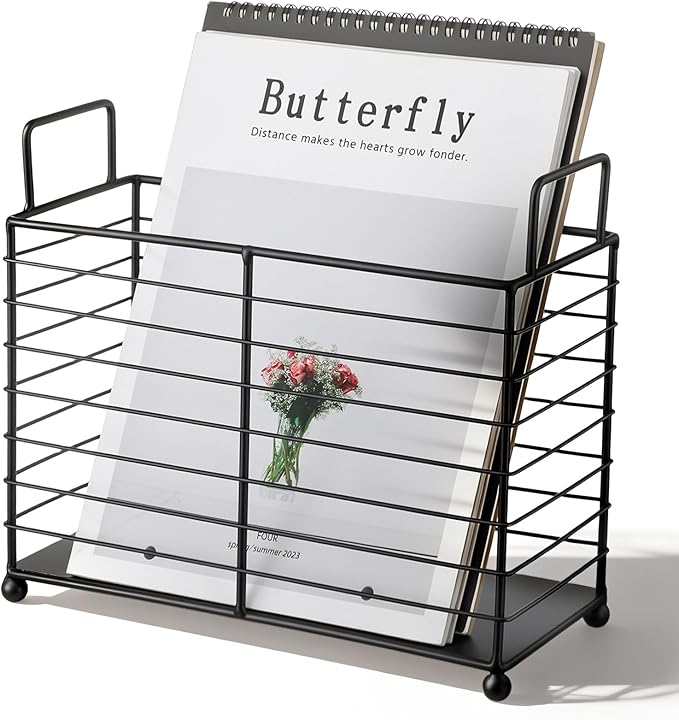 Metal Magazine Holder Rack, Black Iron Wire Storage Basket with Handles for Books, Newspapers, Tablets, Files, Mail Organizer for Home Office Living Room Bedroom
